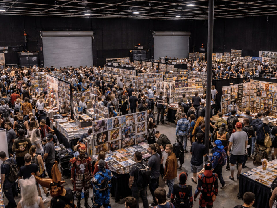 Comic book convention with vendor booths and attendees inside AKS event venue. Event venue setup at AKS Stages in Burbank