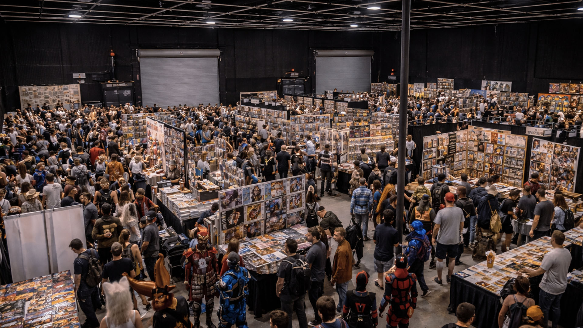 Comic book convention with vendor booths and attendees inside AKS event venue