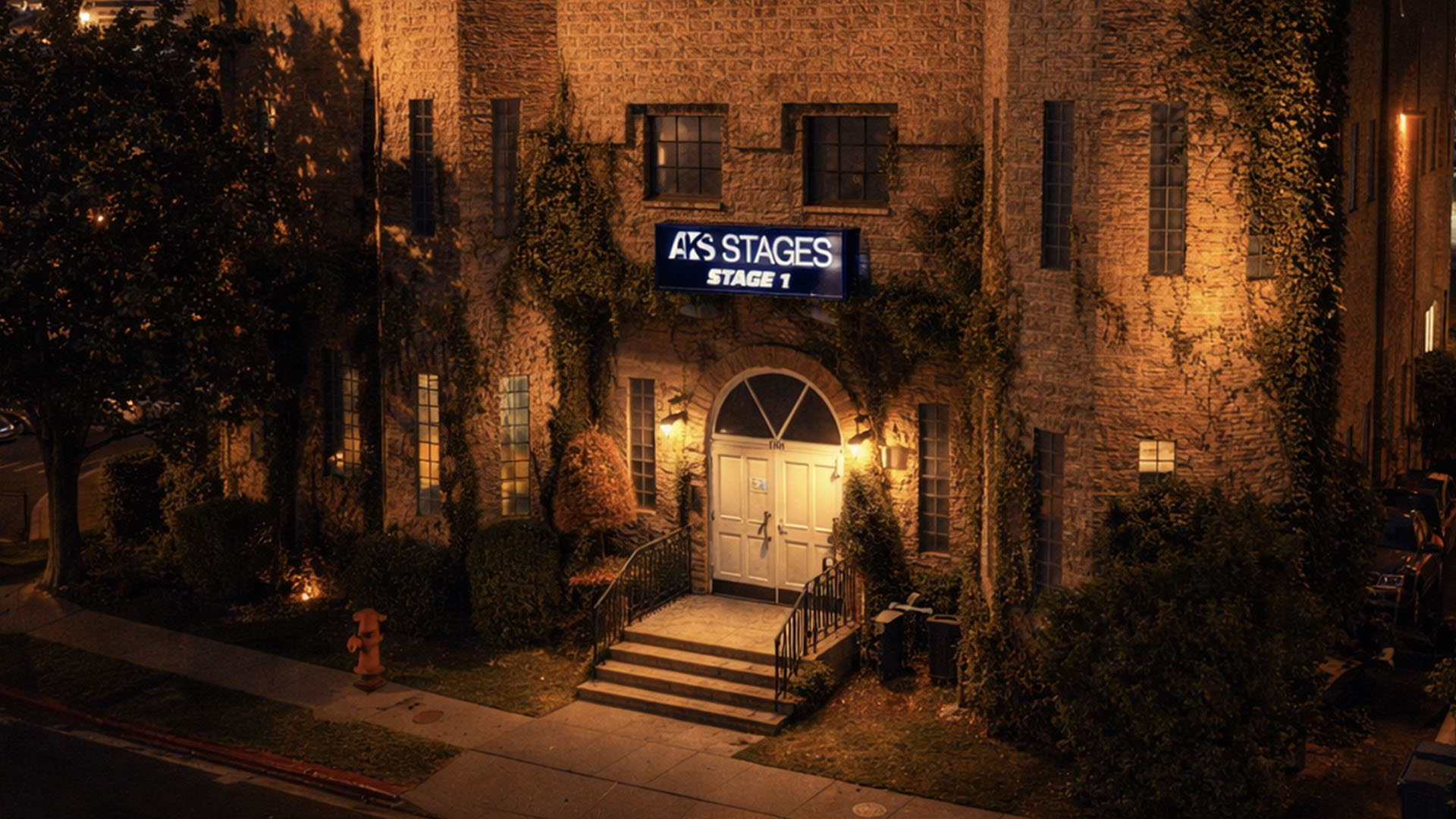 Exterior of AKS Stages Stage 1 building at night in Burbank
