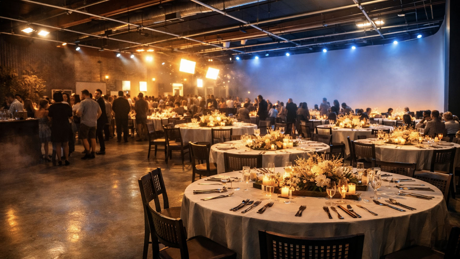 Private dinner event with banquet tables inside AKS event venue