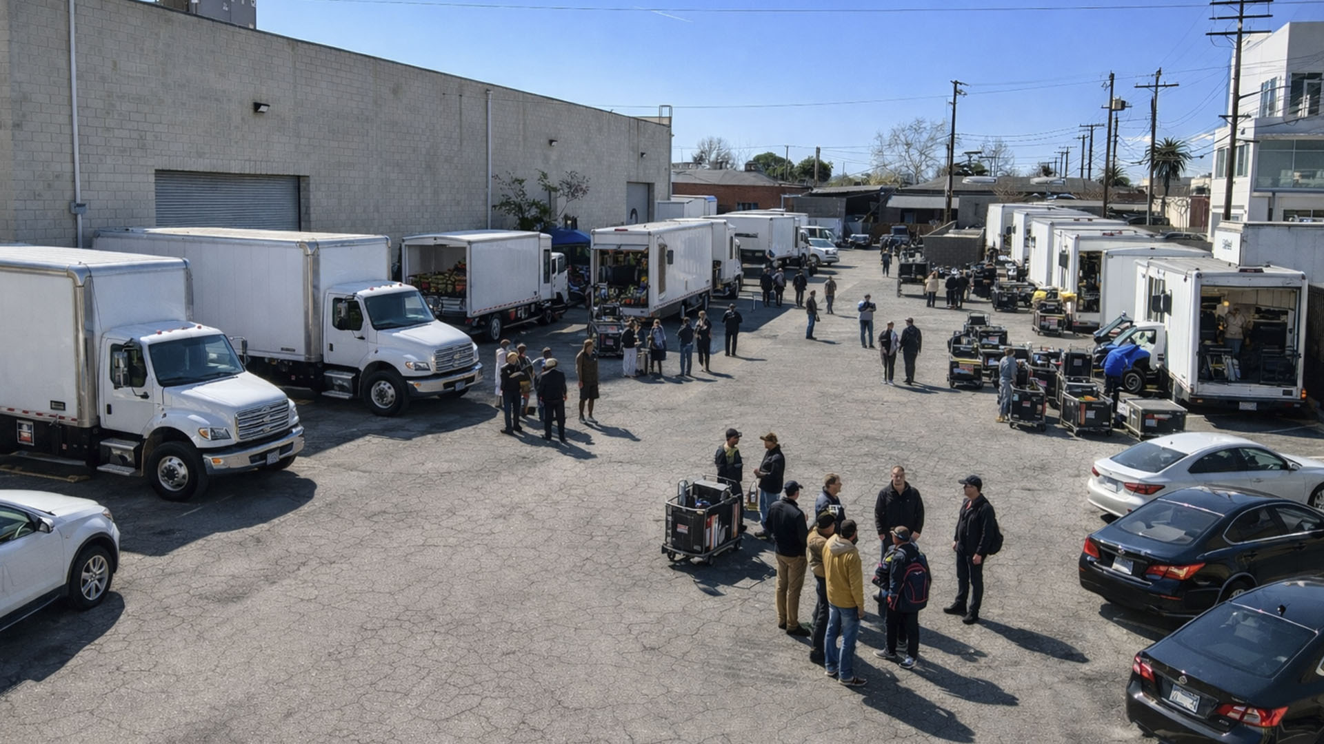 Production trucks and crew in parking and load-in area at AKS Stages