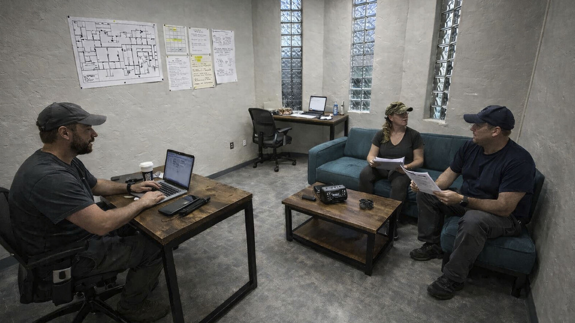 Production office meeting with crew inside AKS Stages facility
