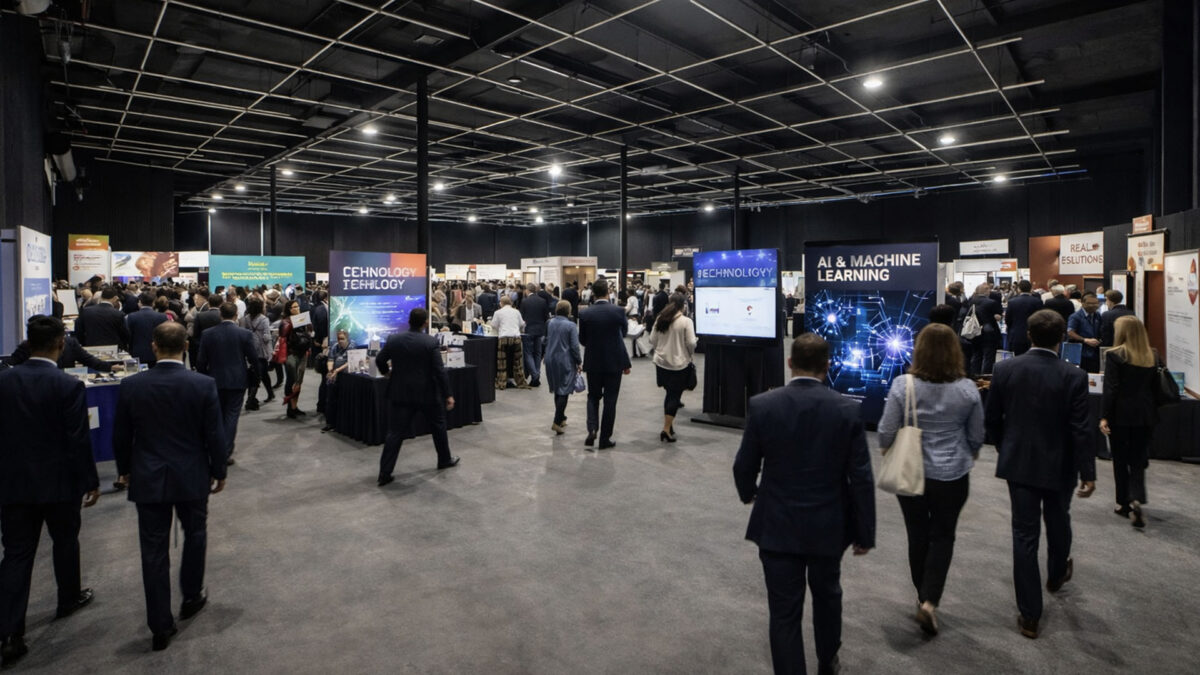 Event space rental cost: Trade show floor with exhibitor booths inside AKS Event Center