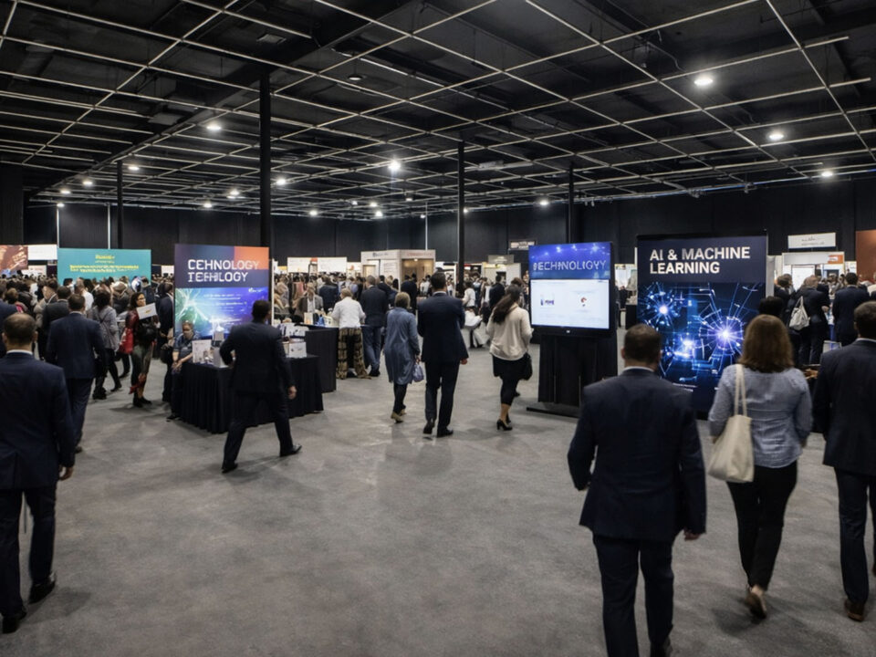 Event space rental cost: Trade show floor with exhibitor booths inside AKS Event Center