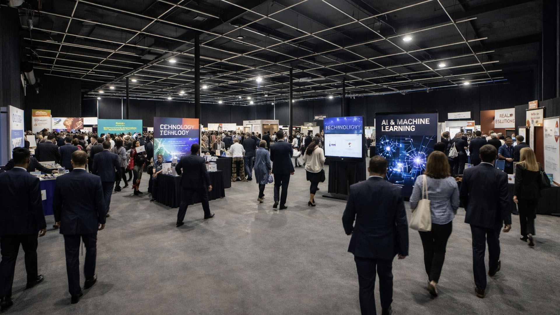 Trade show floor with exhibitor booths inside AKS Event Center