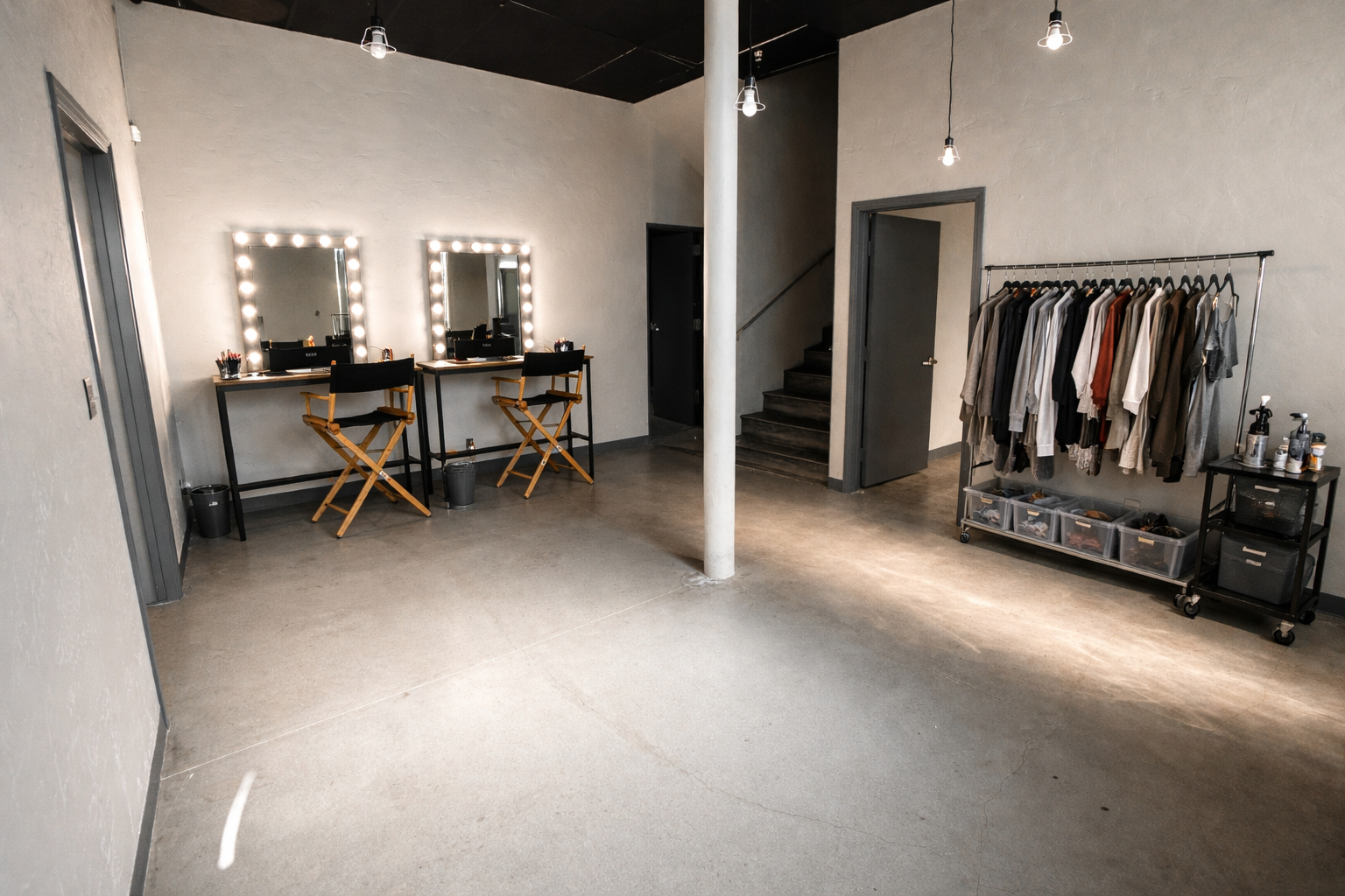 Makeup / Wardrobe - Prep-ready space for hair, makeup, and costume departments. Room for styling stations, racks, and fittings.